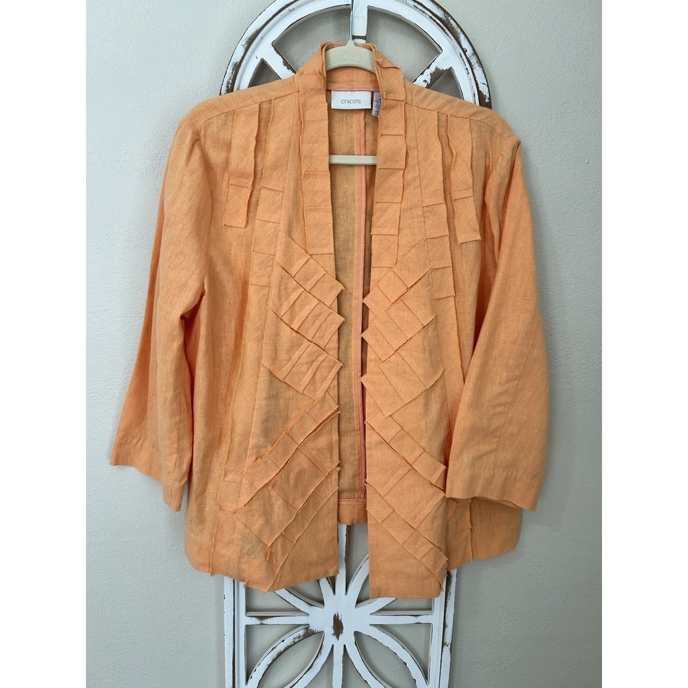 Chicos size 2 Orange Cross Hatch Haley Open Jacket Linen Cotton Blend 3/4 sleeve